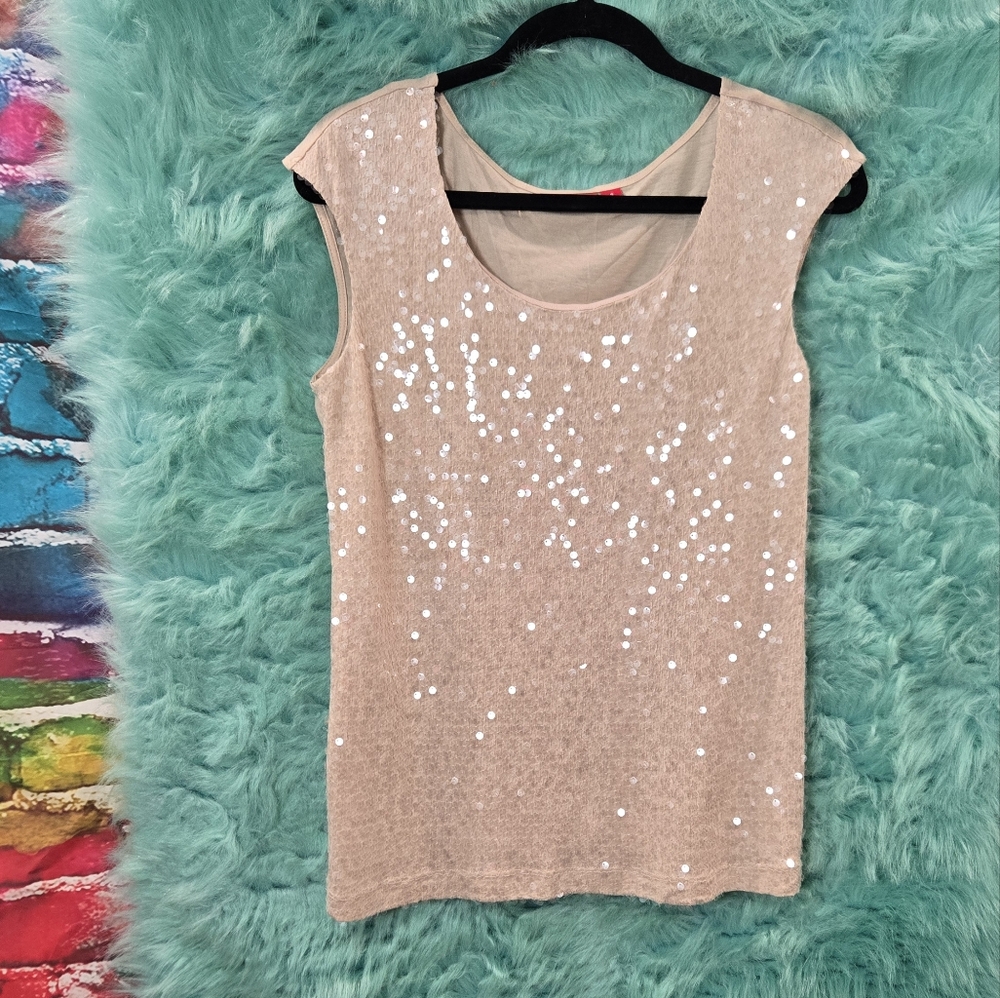Elle Tan Beige Sleeveless Front Sequin scoop Neck Top Size S